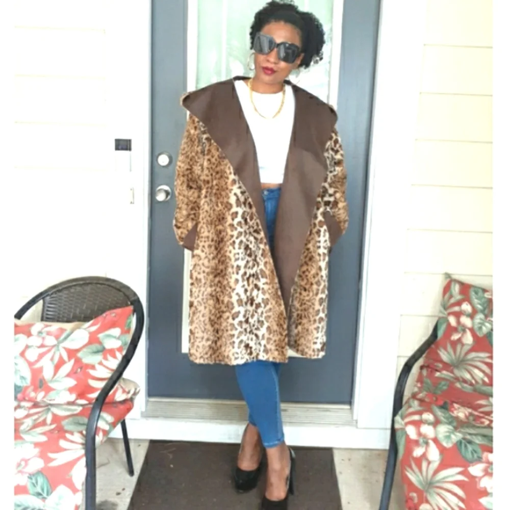 💎NEW Adrienne Landau Brown/Leopard Faux Fur Coat - Picture 11 of 11
